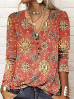 Boho V Neck Ethnic Floral T-Shirt