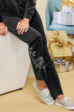 Black Floral Print Embroidery Loose Velvet Casual Sweatpants