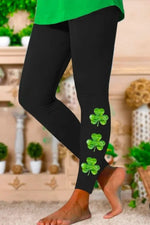 Black St. Patrick's Day Four-Leaf Clover Print Tight Boho Leggings