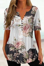 Floral Print V Neck with Buttons Loose Casual Short Sleeves Shirt