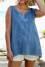 Blue Cotton And Linen Casual Half Open Collar Tank Top