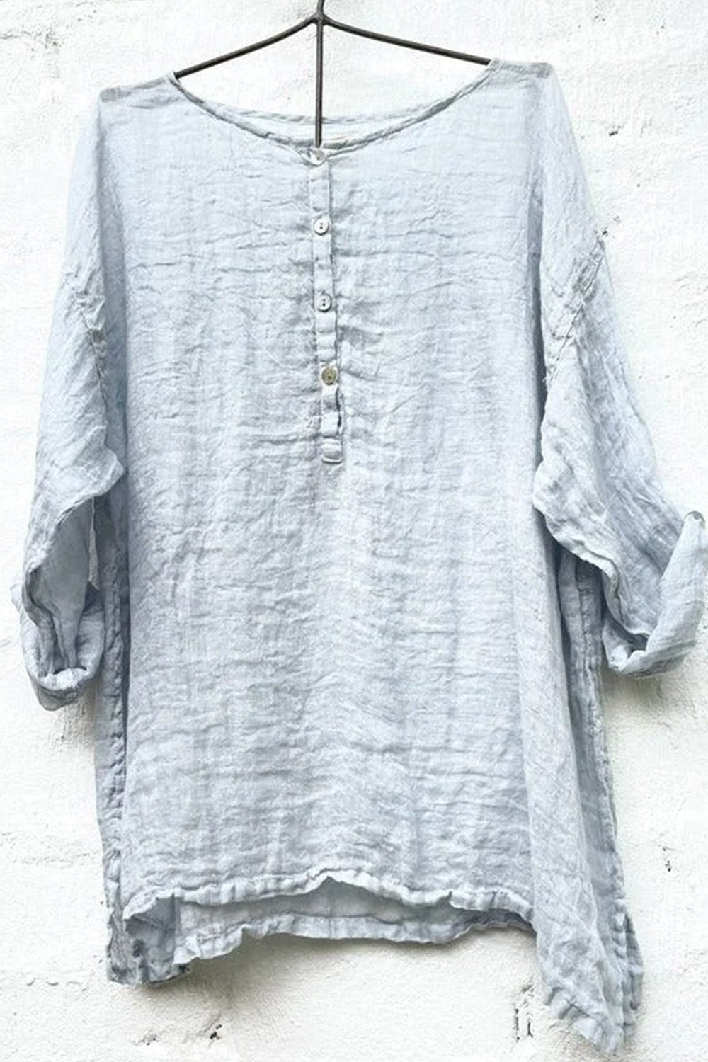 Crew Neck Plain Cotton And Linen Long Sleeves Casual Blouse
