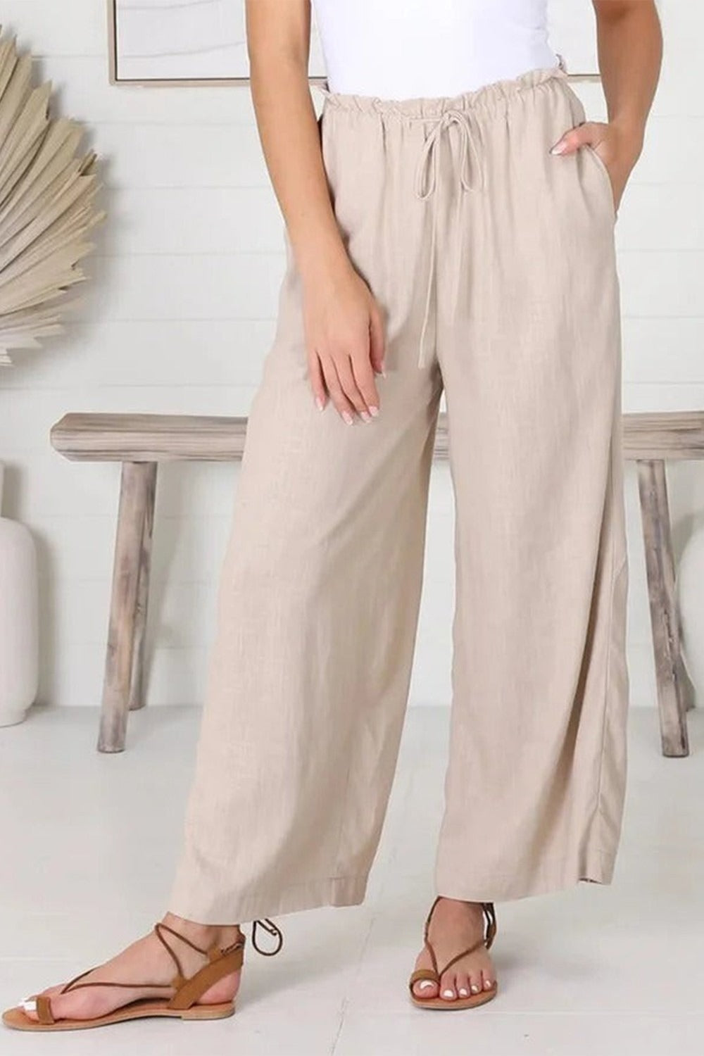 Solid Color Loose Cotton And Linen Drawstring Casual Pants