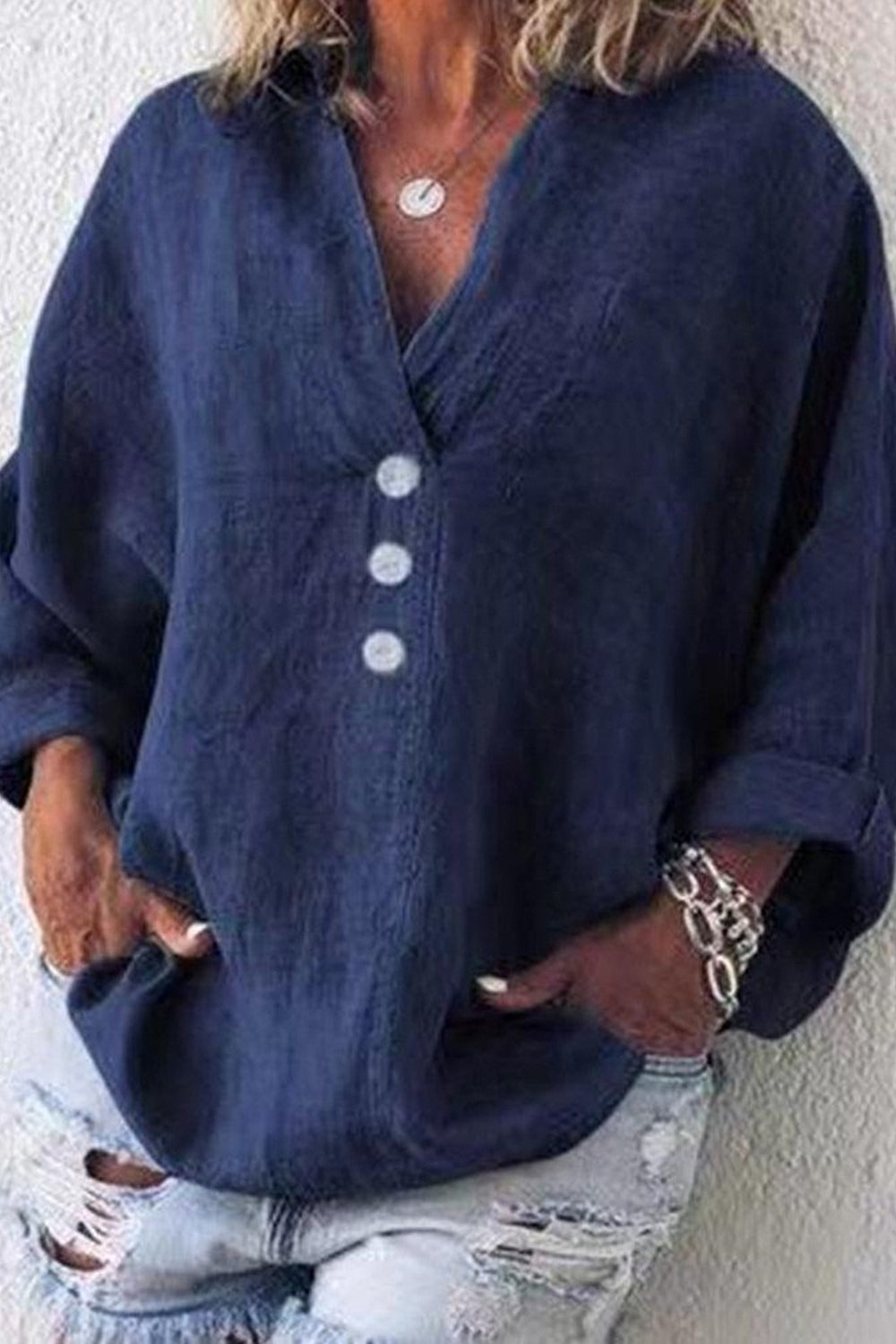 Solid Color V-neck Loose Long Sleeve Button Blouse