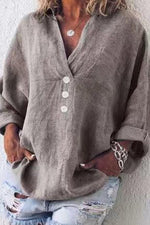 Solid Color V-neck Loose Long Sleeve Button Blouse