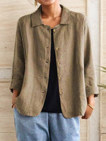 Plain Buckle Shawl Collar Cotton And Linen Loose Shirt