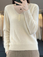 Casual Plain Long Sleeve V Neck Wool/Knitting Buckle Sweater