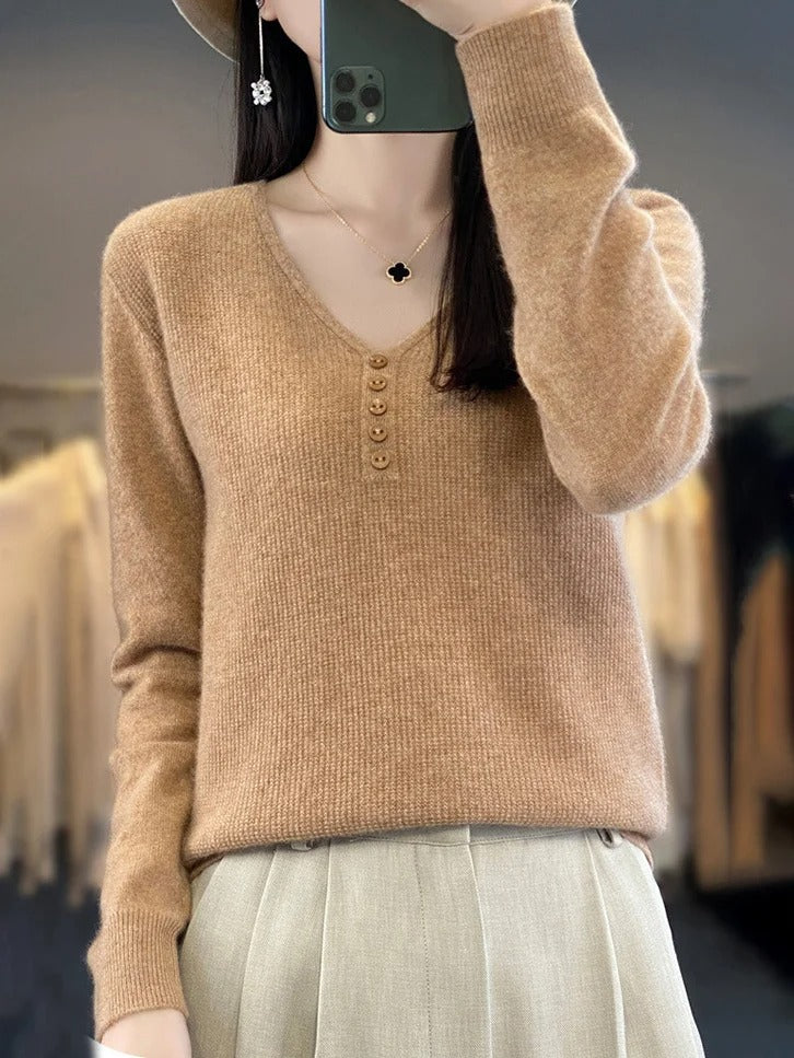 Casual Plain Long Sleeve V Neck Wool/Knitting Buckle Sweater