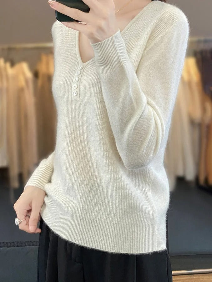 Casual Plain Long Sleeve V Neck Wool/Knitting Buckle Sweater