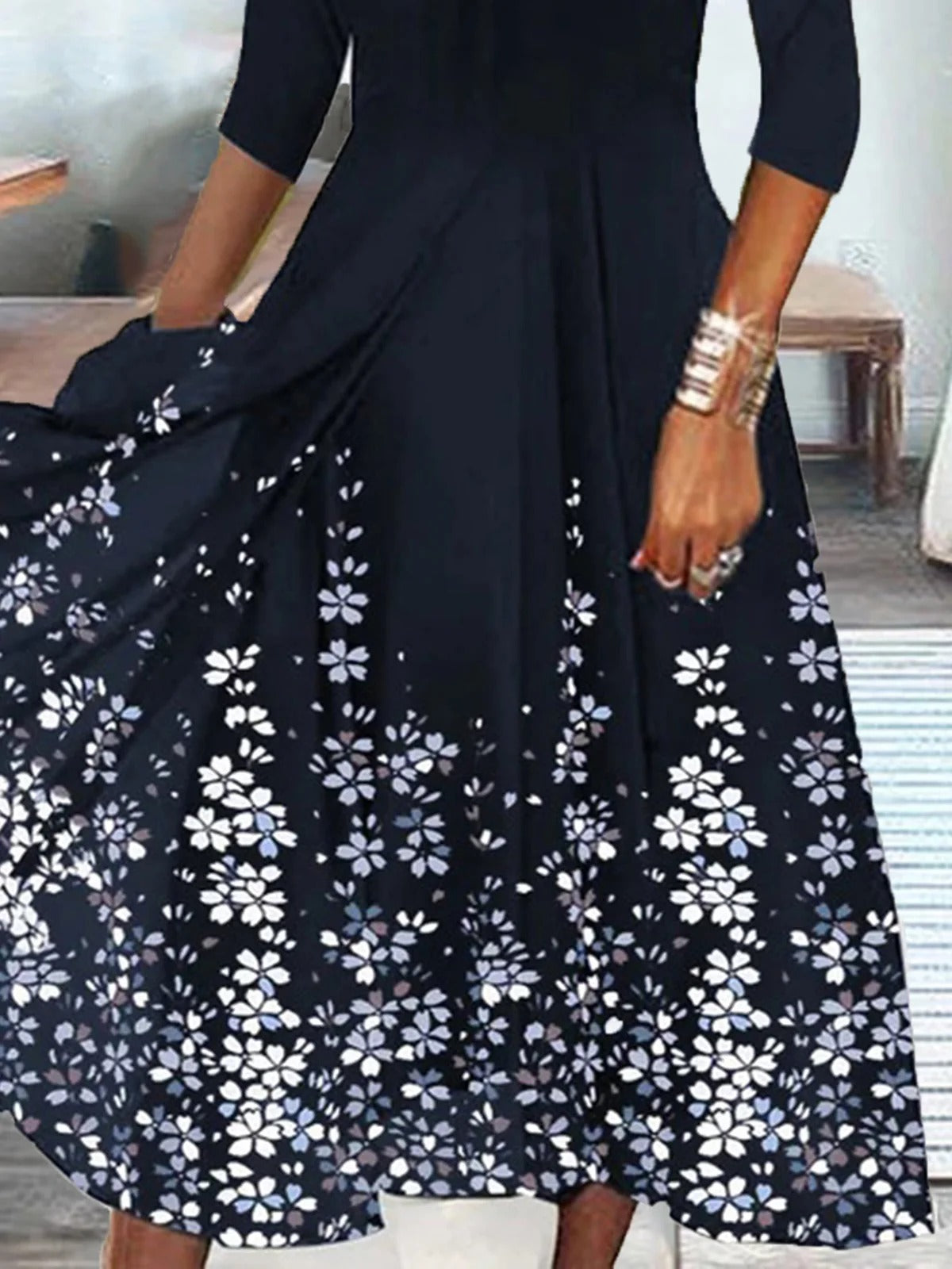 Casual Elegant Floral V Neck Daily Loose 3/4 Sleeves Lightweight Maxi Dress