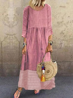 Casual Loose Plain Crew Neck 3/4 Sleeves Linen Paneled Weaving Maxi Dress