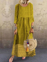 Casual Loose Plain Crew Neck 3/4 Sleeves Linen Paneled Weaving Maxi Dress