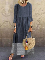Casual Loose Plain Crew Neck 3/4 Sleeves Linen Paneled Weaving Maxi Dress