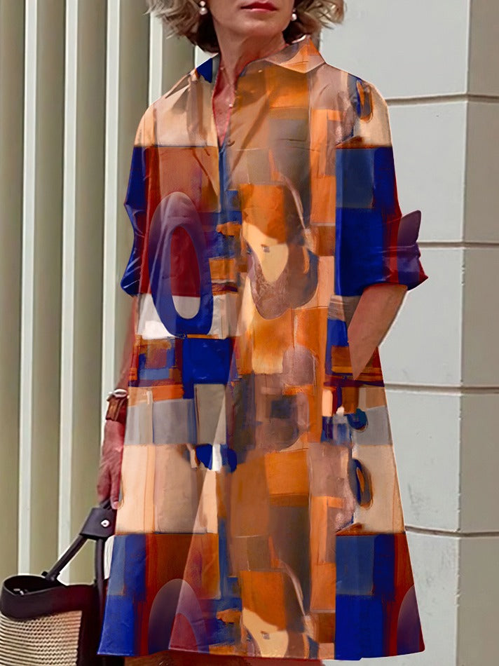 Casual Abstract Print Shirt Collar Half Sleeve Pocket H-line Midi Dress