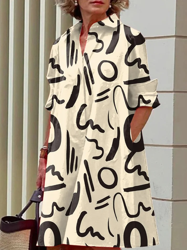 Casual Abstract Print Shirt Collar Half Sleeve Pocket H-line Midi Dress