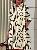 Casual Abstract Print Shirt Collar Half Sleeve Pocket H-line Midi Dress