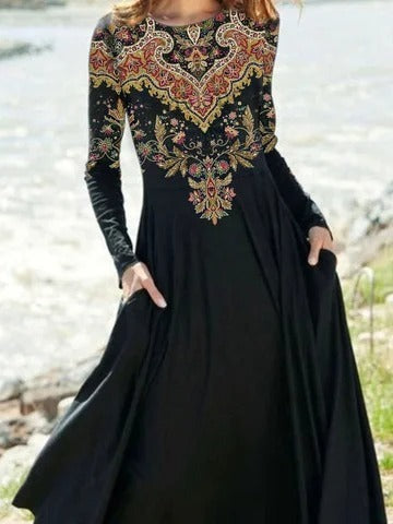 Ethnic Crew Neck Long Sleeve Regular Fit X-line Casual Maxi Holiday Dress