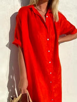 Cotton and Linen Half Sleeve Shirt Dress Maxi Button Down Spring Summer