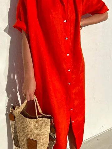 Cotton and Linen Half Sleeve Shirt Dress Maxi Button Down Spring Summer
