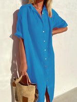 Cotton and Linen Half Sleeve Shirt Dress Maxi Button Down Spring Summer