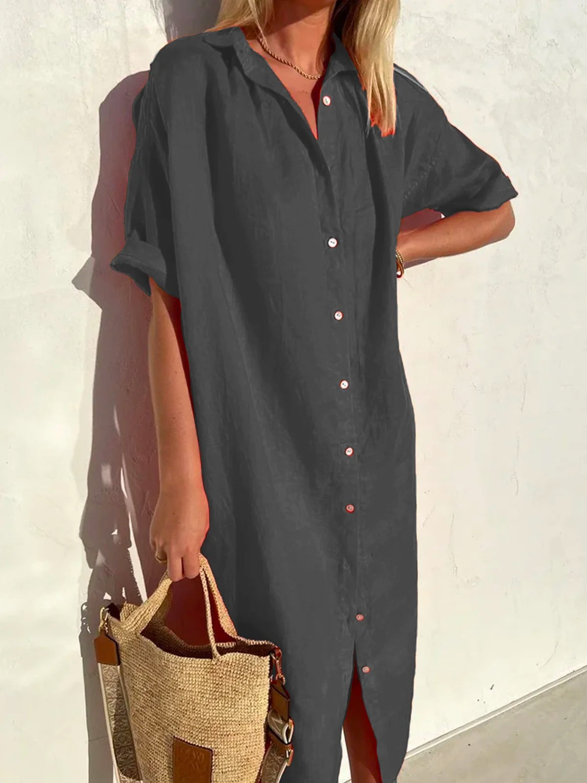 Cotton and Linen Half Sleeve Shirt Dress Maxi Button Down Spring Summer