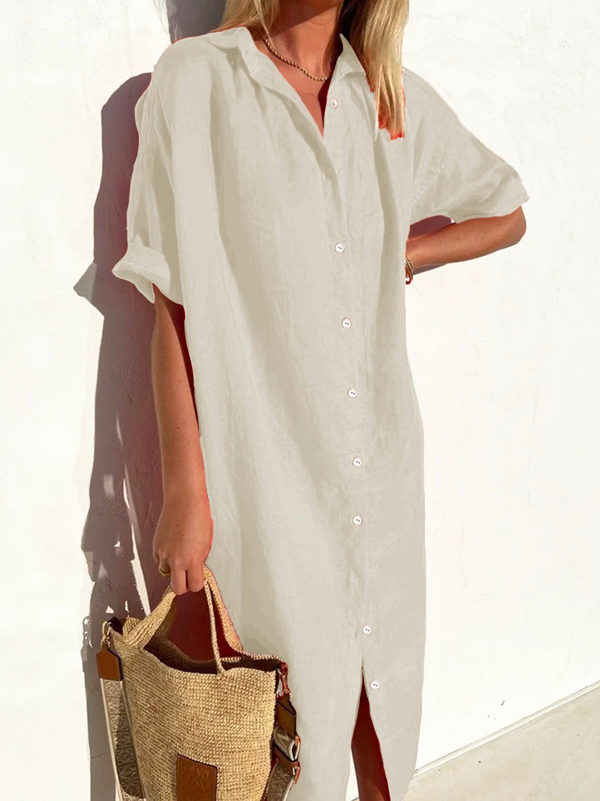 Cotton and Linen Half Sleeve Shirt Dress Maxi Button Down Spring Summer