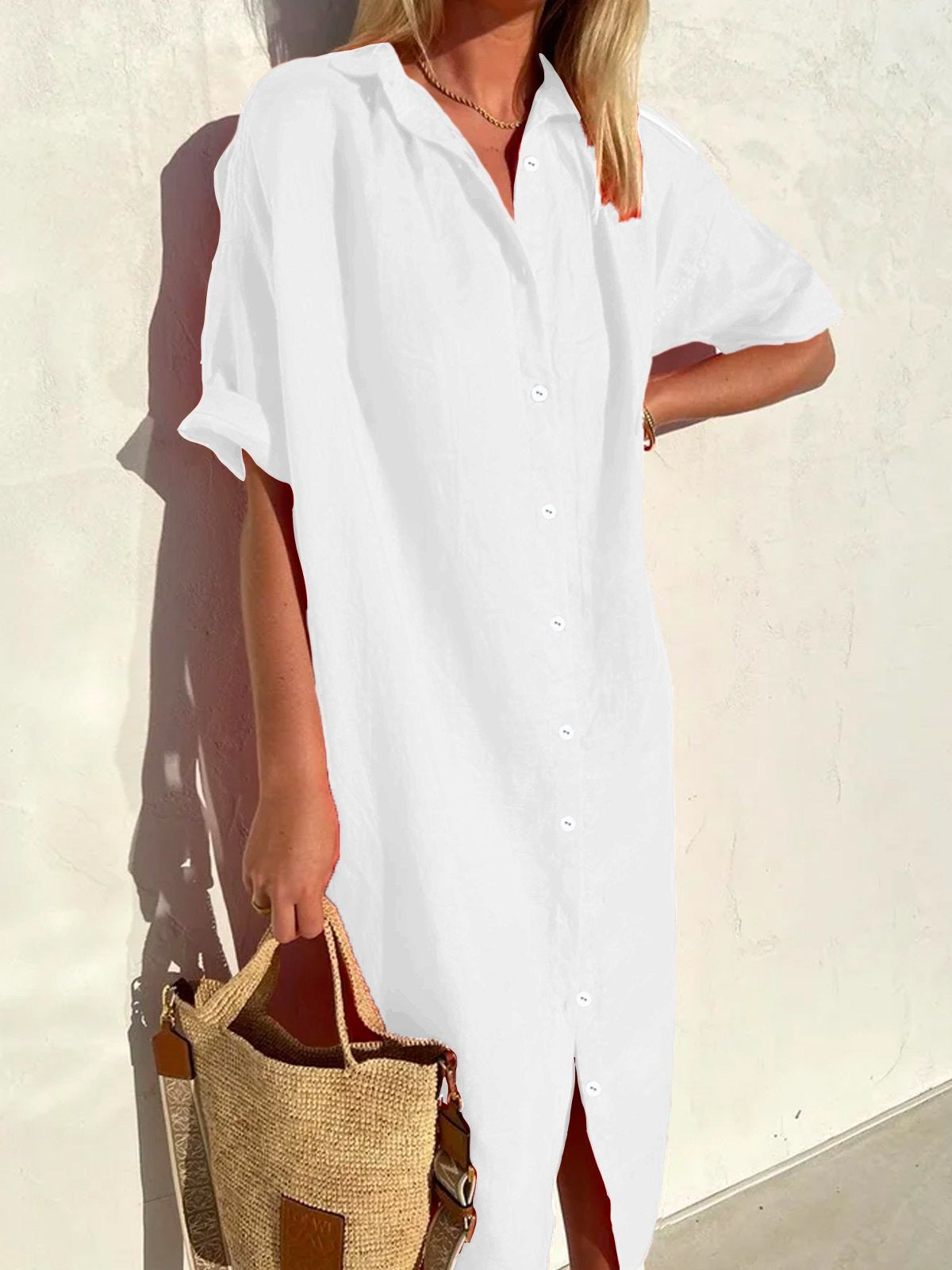 Cotton and Linen Half Sleeve Shirt Dress Maxi Button Down Spring Summer