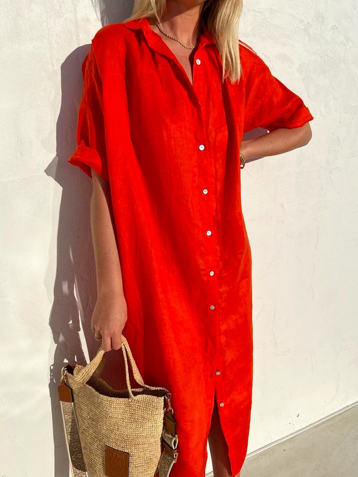 Cotton and Linen Half Sleeve Shirt Dress Maxi Button Down Spring Summer