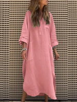 Long Sleeve Spring Fall Plain Buckle Shirt Collar Midi H-Line Dress