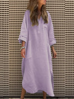 Long Sleeve Spring Fall Plain Buckle Shirt Collar Midi H-Line Dress