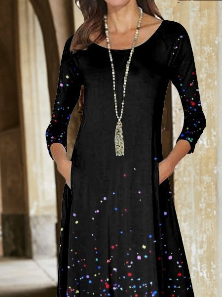 Ombre Crew Neck Long Sleeve Comfy Casual Pocket Stitching Maxi Dress