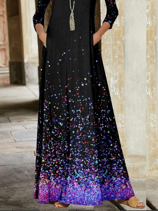 Ombre Crew Neck Long Sleeve Comfy Casual Pocket Stitching Maxi Dress