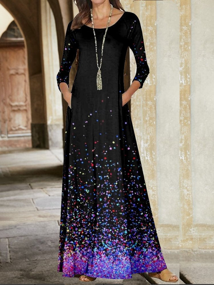 Ombre Crew Neck Long Sleeve Comfy Casual Pocket Stitching Maxi Dress