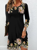Floral Crew Neck Long Sleeve Comfy Casual Mini Dress
