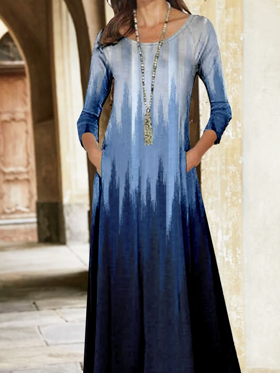 Women's Striped Crew Neck Long Sleeve Comfy Casual Maxi Dress