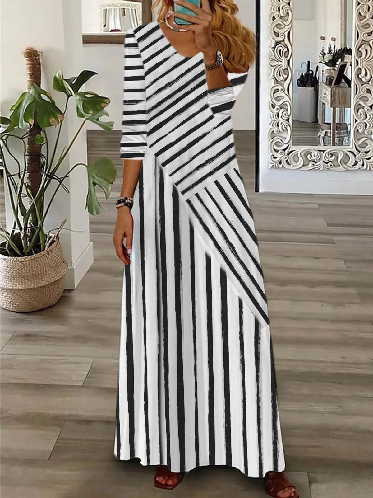 Women's Stripe V Neck Long Sleeve Comfy Casual Maxi Dress