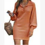 Plain V Neck Long Sleeve Comfy Casual Midi Dress