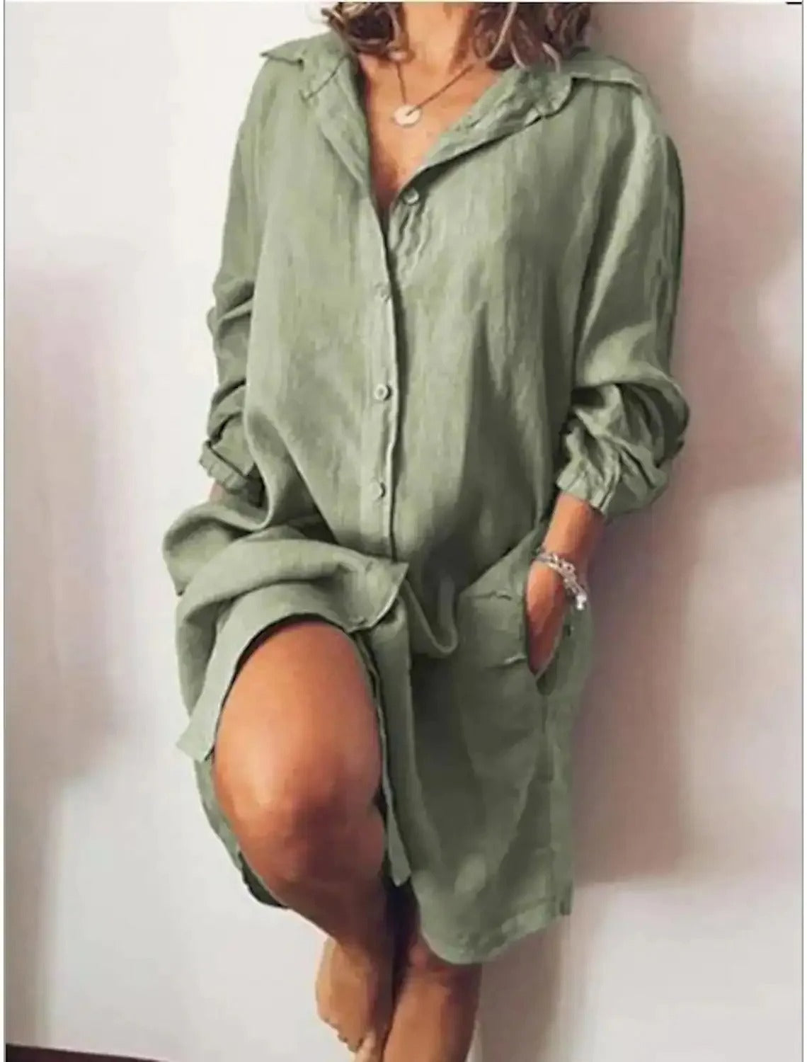 Plain Shirt Collar Long Sleeve Comfy Casual Mini Dress