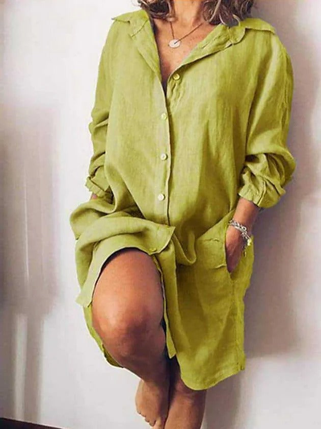 Plain Shirt Collar Long Sleeve Comfy Casual Mini Dress