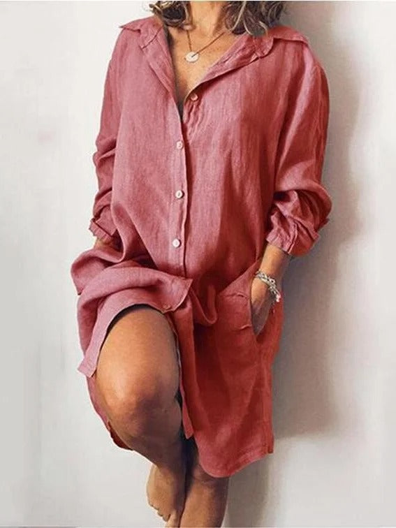 Plain Shirt Collar Long Sleeve Comfy Casual Mini Dress
