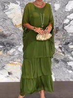 Plain V Neck Three Quarter Sleeve Comfy Casual Midi Dress