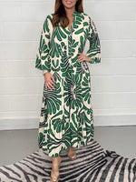 Geometric Shawl Collar Half Sleeve Comfy Casual Midi Dress