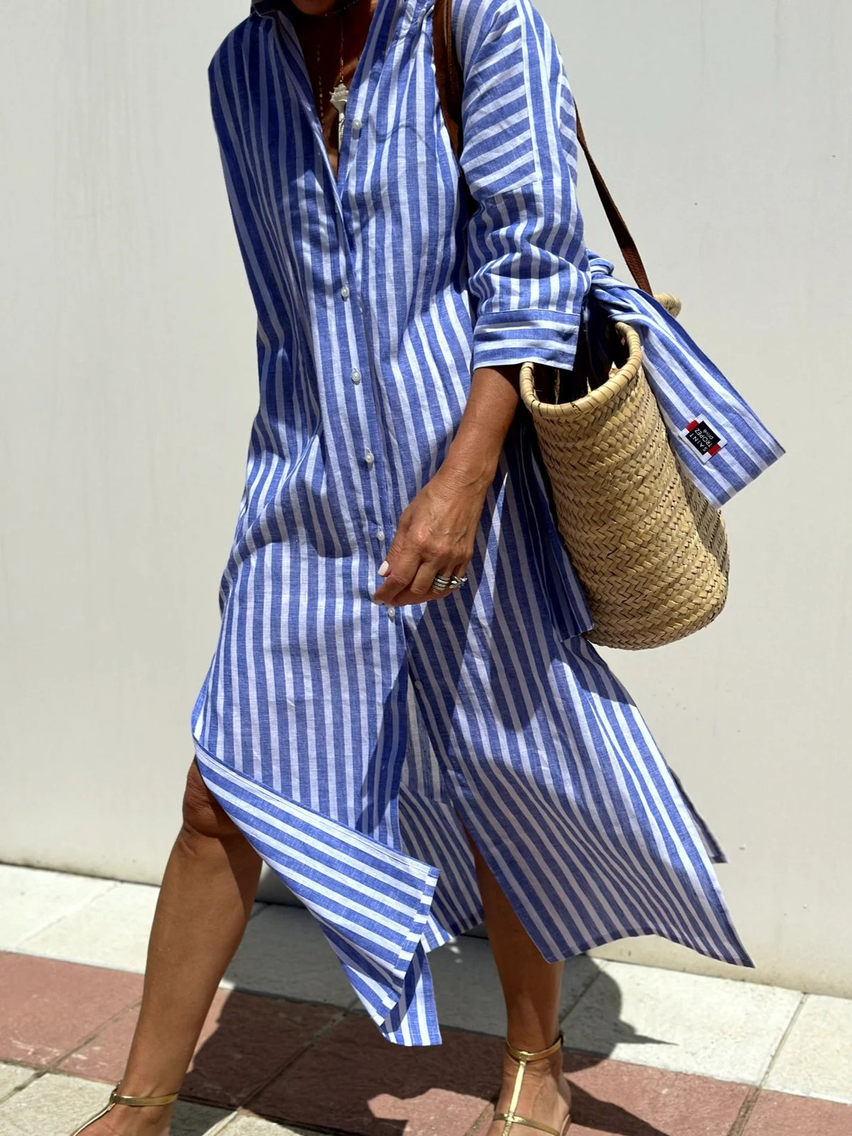 Striped Shirt Collar Half Sleeve Comfy Casual Midi Dress