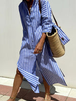 Striped Shirt Collar Half Sleeve Comfy Casual Midi Dress