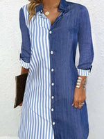 Casual Striped Shirt Collar 3/4 Sleeve Comfy Mini Dress
