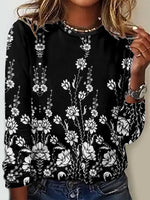 Floral Crew Neck Long Sleeve Loose T-shirt