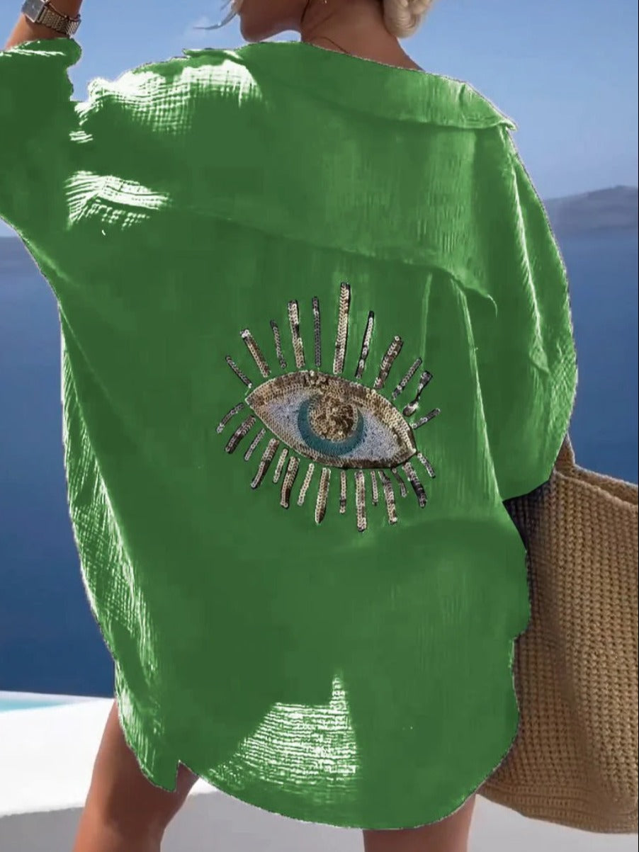 Abstract Shirt Collar Long Sleeve Comfy Blouse