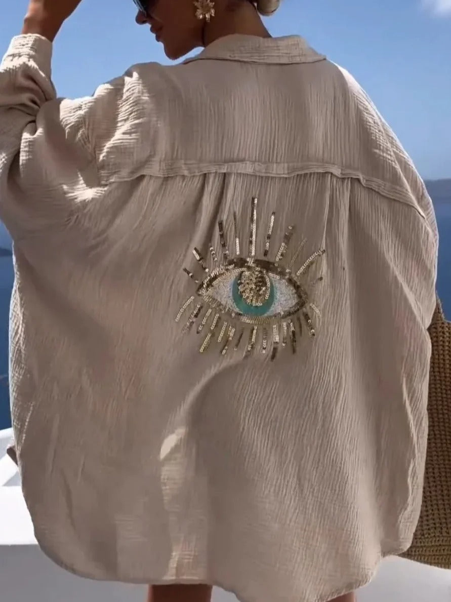 Abstract Shirt Collar Long Sleeve Comfy Blouse