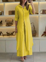 Plain Shawl Collar Long Sleeve Comfy Casual Top With Pants Two-Piece Set