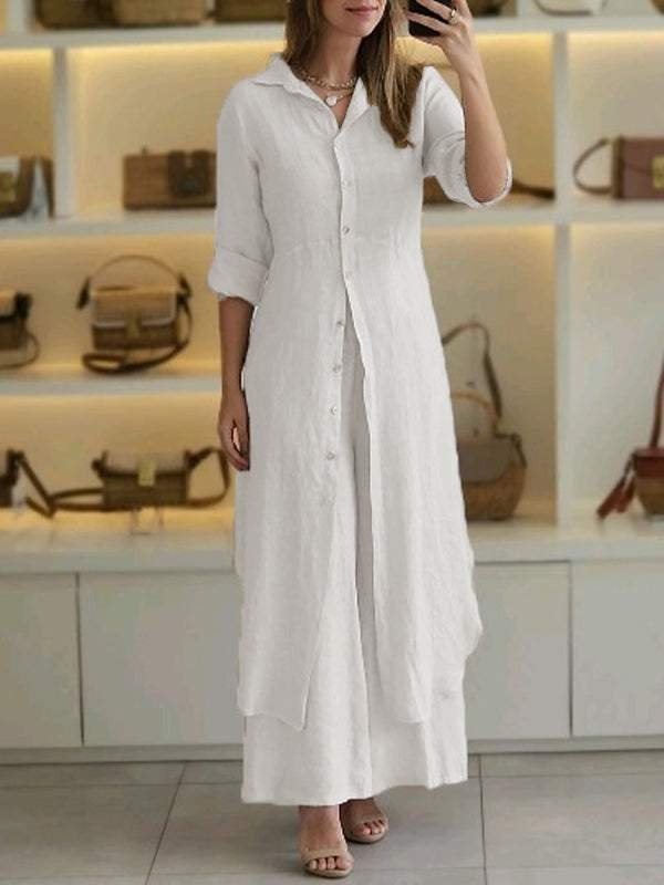 Plain Shawl Collar Long Sleeve Comfy Casual Top With Pants Two-Piece Set